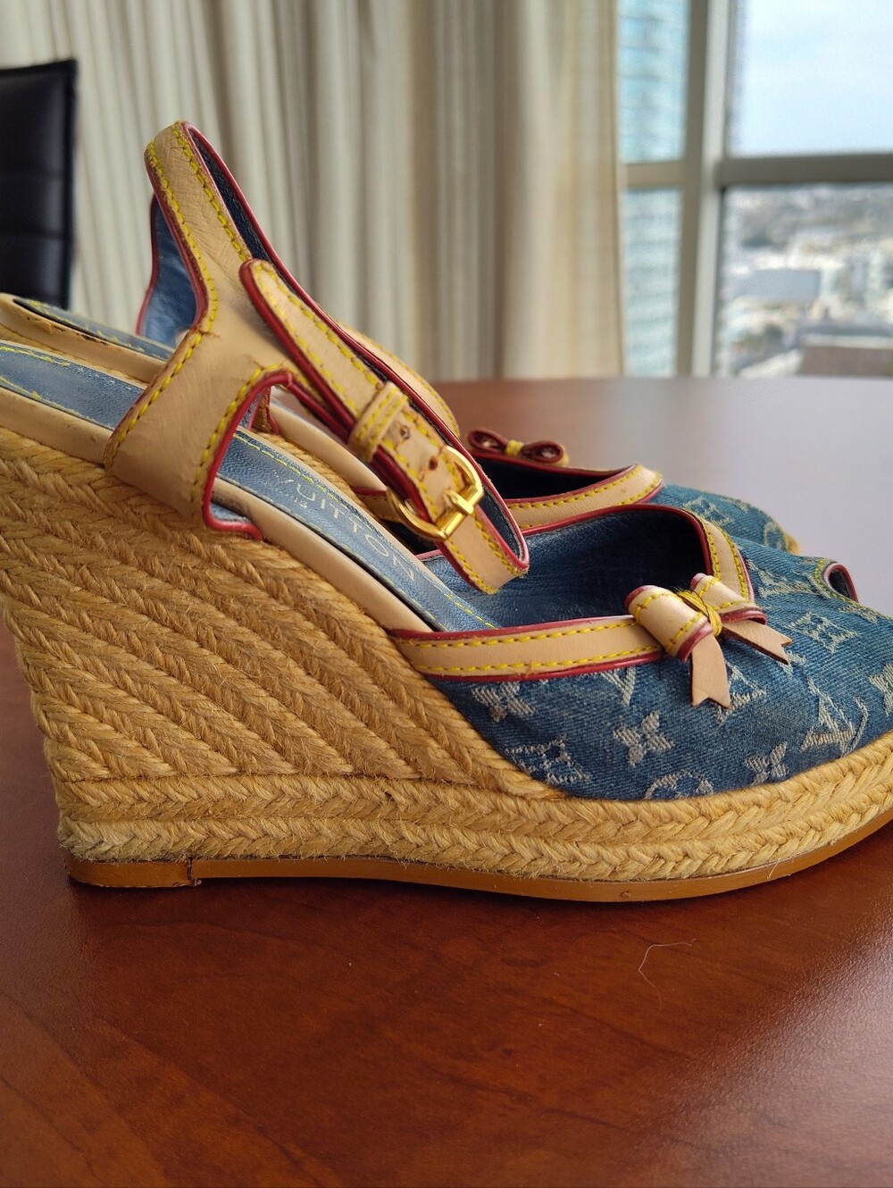 Louis Vuitton Blue Beige Monogram Denim & Leather Espadrille Ankle Strap Wedge 7 - Picture 3 of 6